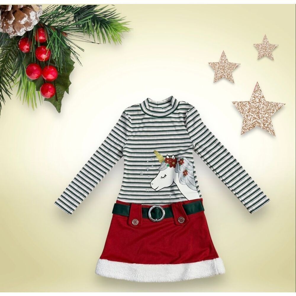 Toddler Girl Size S (6/6X) Christmas Dress Long Sleeve Green Stripe Top with Uni